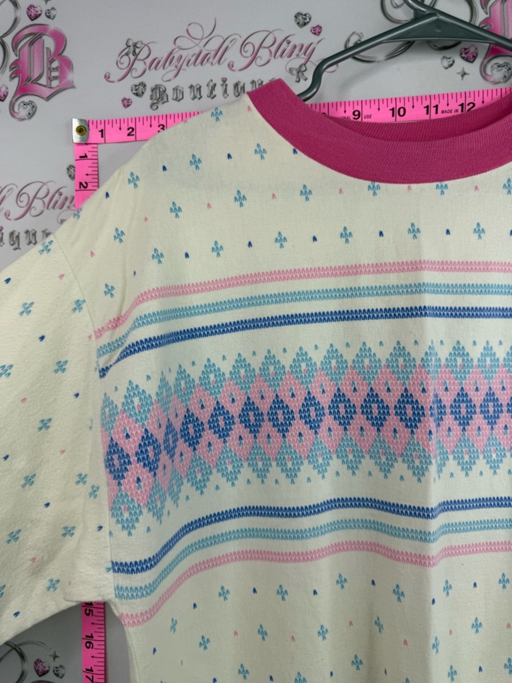 Avon fashions vintage shirt Women's Cream Fair Isle Sweater with Pink Trim - Picture 6 of 8